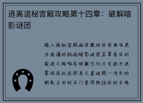 逃离诡秘宫殿攻略第十四章：破解暗影谜团