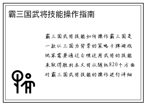 霸三国武将技能操作指南