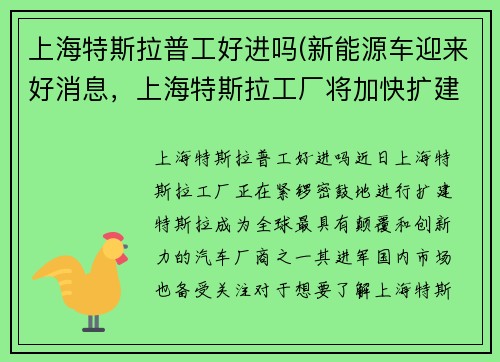 上海特斯拉普工好进吗(新能源车迎来好消息，上海特斯拉工厂将加快扩建)