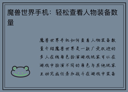 魔兽世界手机：轻松查看人物装备数量